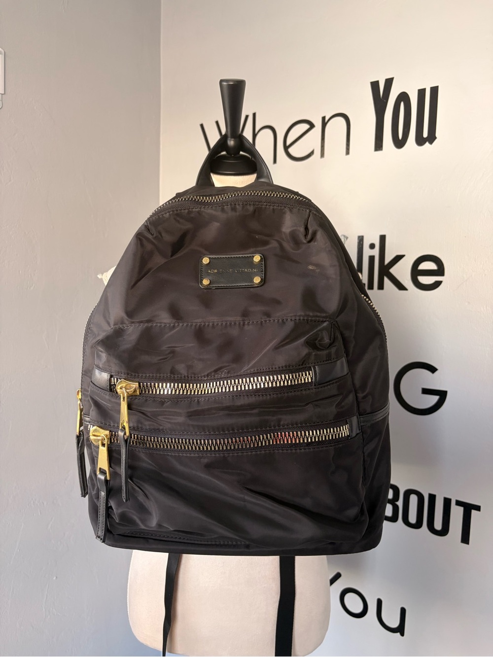 Adrienne Vittadini Black Nylon Backpack with Gold Hardware